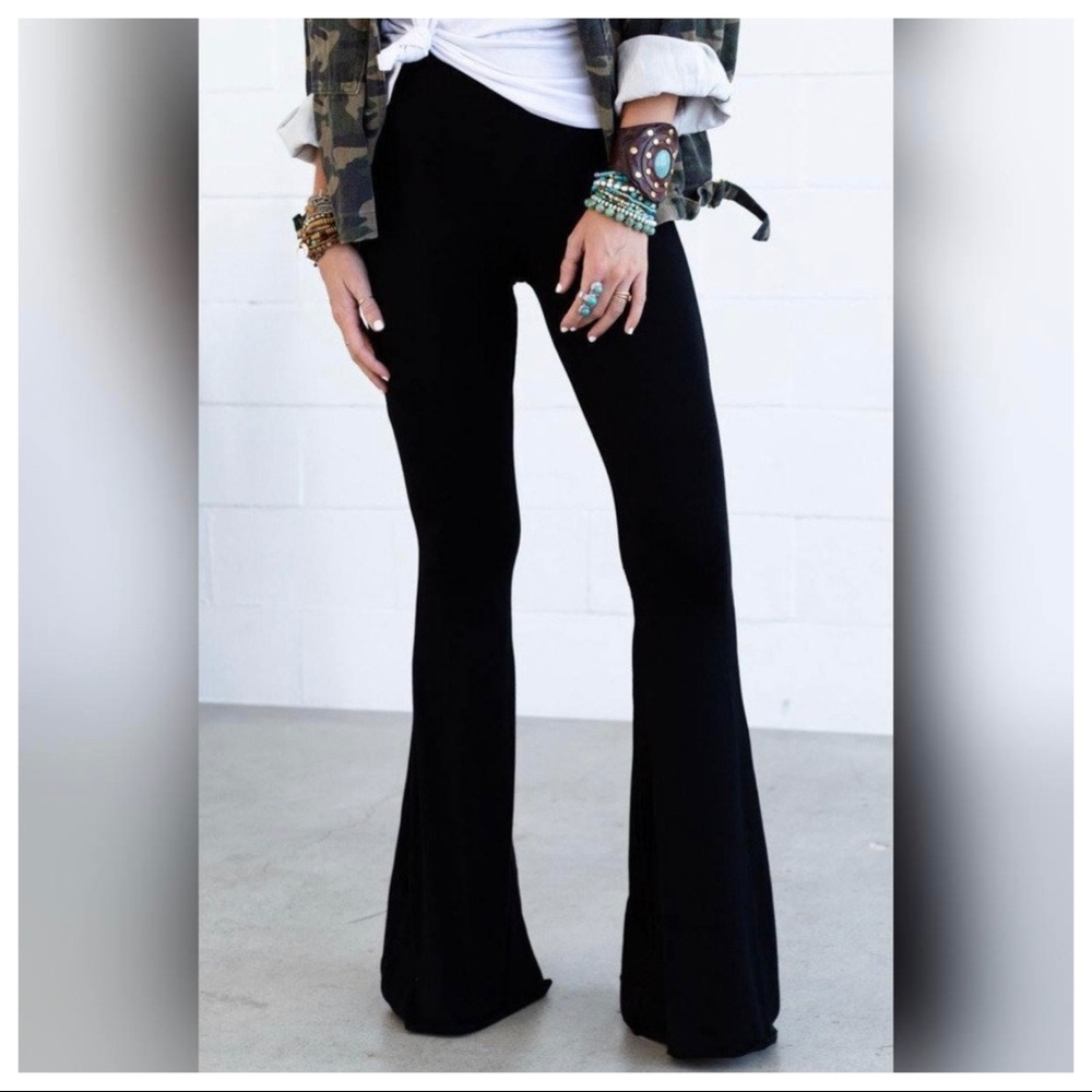 Black chic cotton blend bell flare pants - Picture 2 of 6